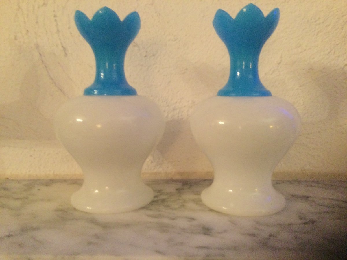 Paire De Vases En Opaline Laiteuse Couleur Blanc Et Bleu époque Charles X