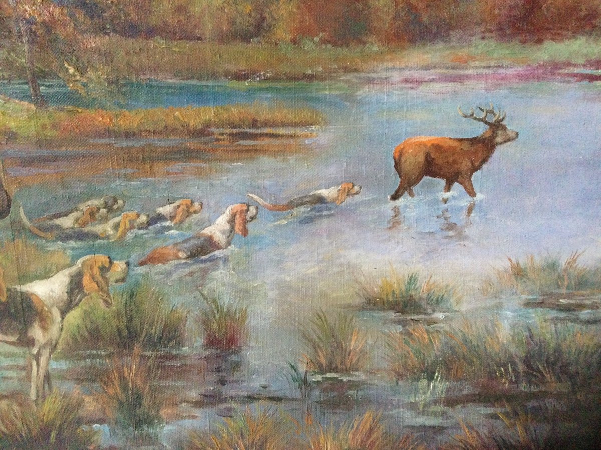 Tableau Chasse à Courre <le Bas L’eau> Avec Une Amazone En Premier Plan -photo-4