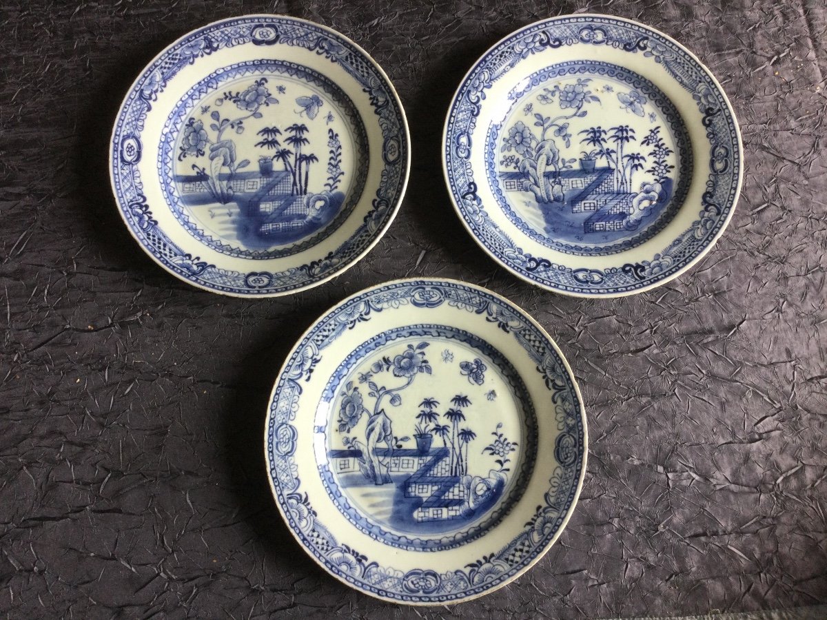 Three Blue White Chinese Porcelain Plates Decorated With Plants