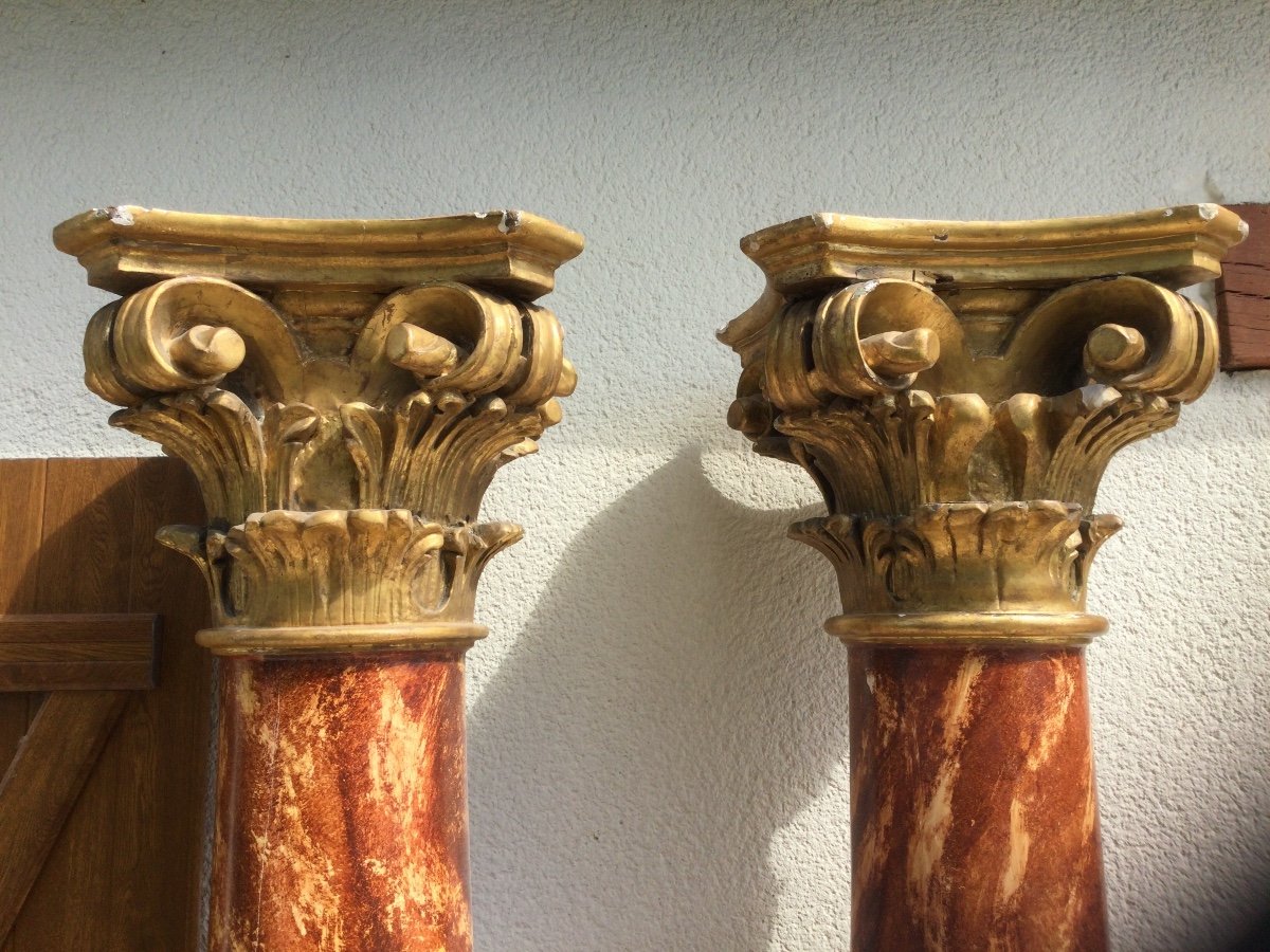 Large Pair Of Wooden Columns With Corinthian Capitals Height 2.46 M-photo-3