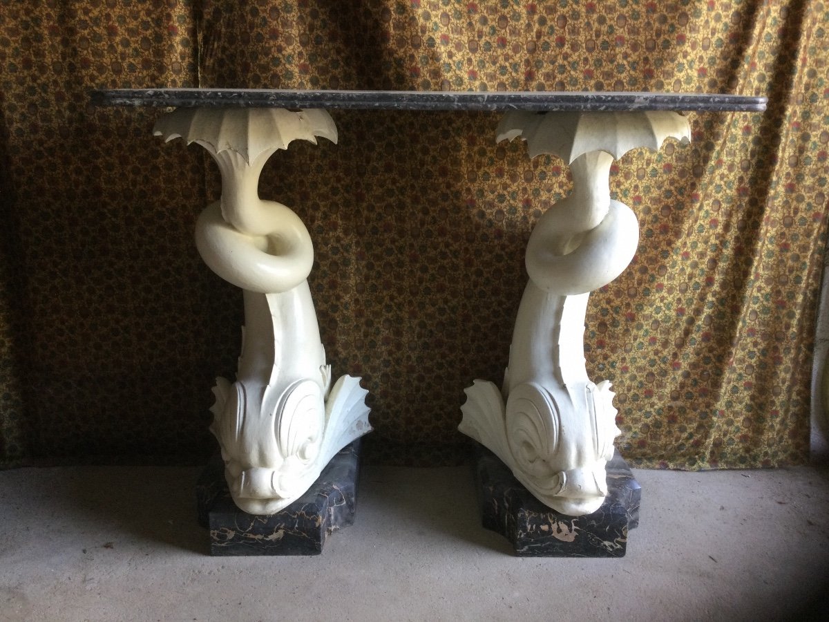 Pair Of Console Bases In The Shape Of A Dolphin On Marble Plinths-photo-2