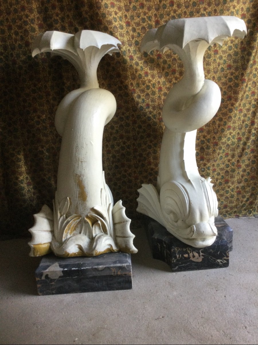 Pair Of Console Bases In The Shape Of A Dolphin On Marble Plinths-photo-1
