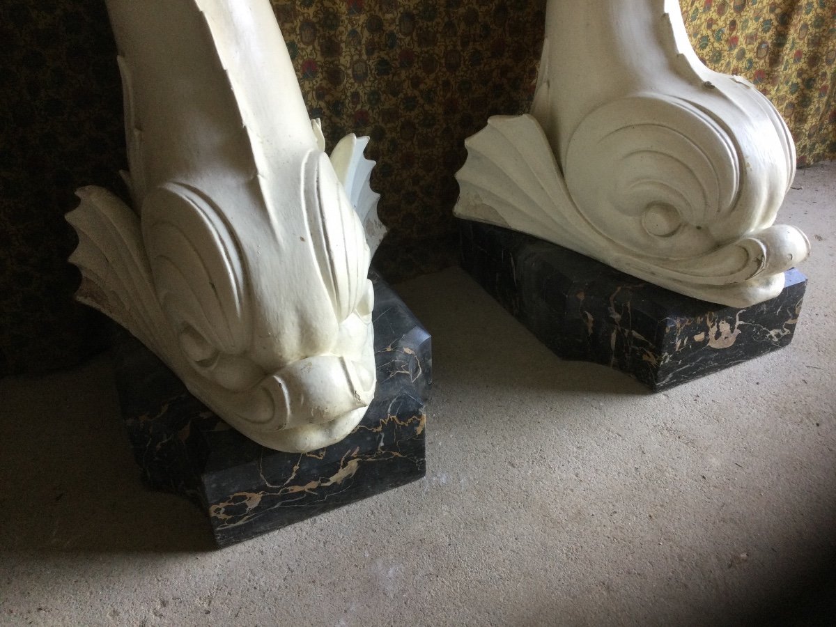 Pair Of Console Bases In The Shape Of A Dolphin On Marble Plinths-photo-2