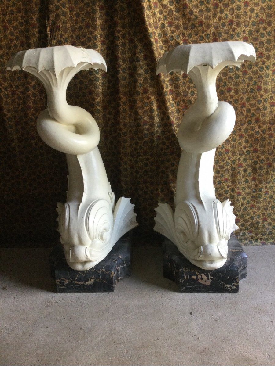 Pair Of Console Bases In The Shape Of A Dolphin On Marble Plinths