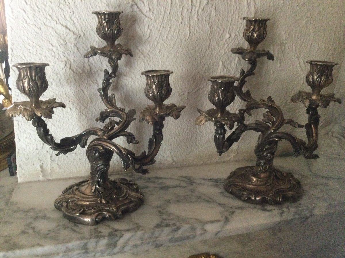 Pair Of Candelabra, End Of Table In Silver Bronze With 3 Arms