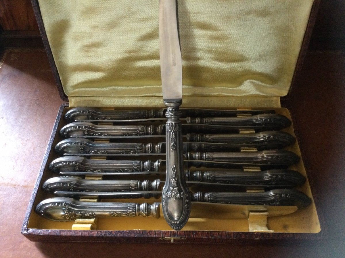 12 Grand Couteaux De Table Manches En Argent Lames Inox  Style Louisxvi