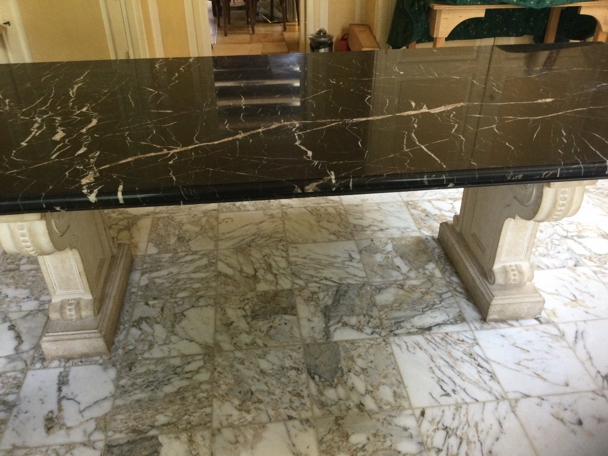 Grande Table Plateau Marbre Piétement En Pierre 275x109,5 Cm-photo-2