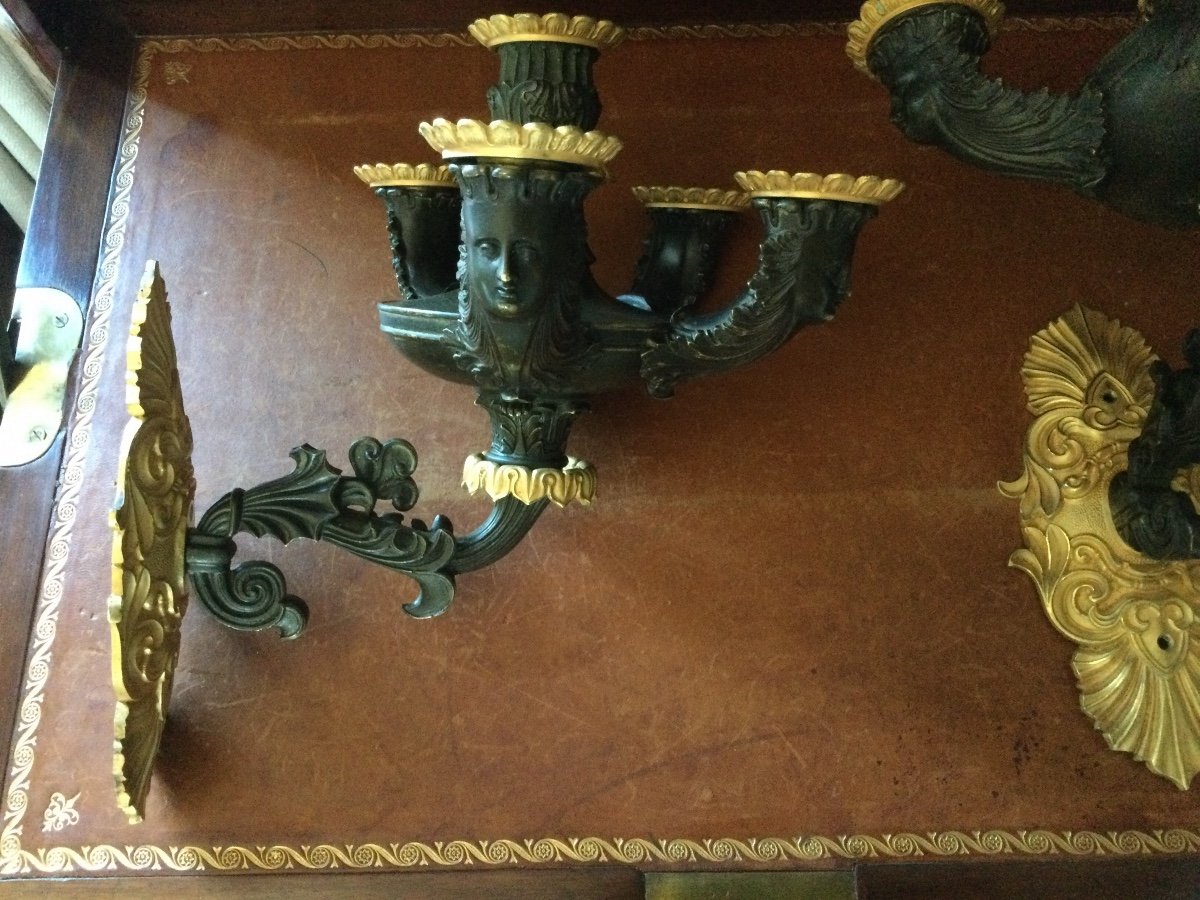 Pair Of Sconces In Gilt And Patinated Bronze Charles X Period-photo-2