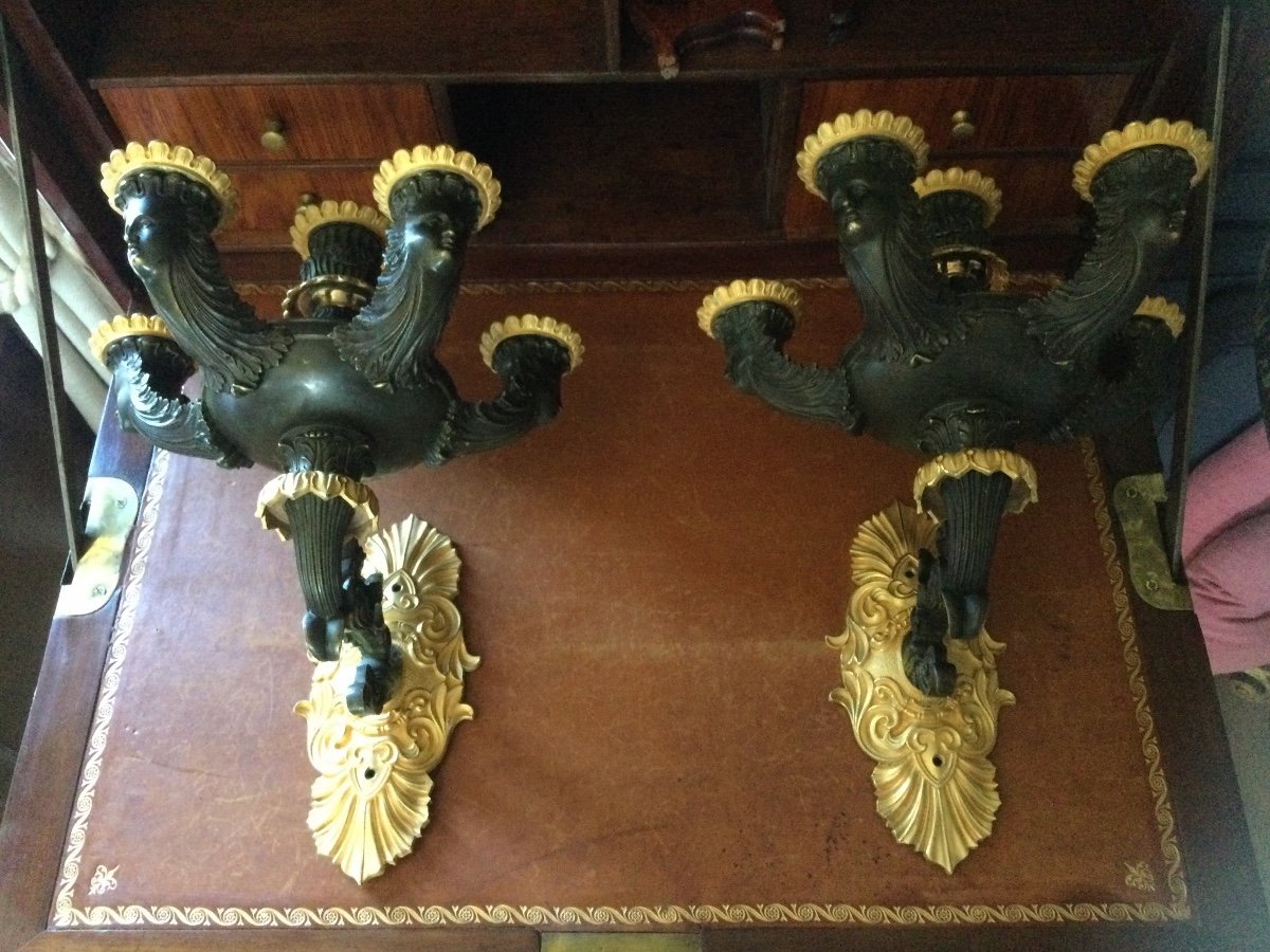 Pair Of Sconces In Gilt And Patinated Bronze Charles X Period