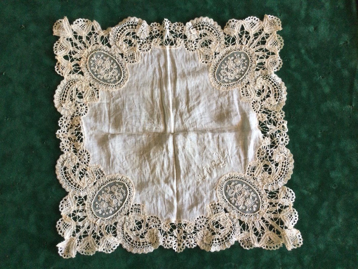 Wedding Handkerchief In Needle Lace Nineteenth Time Marked Anne Marie-photo-2