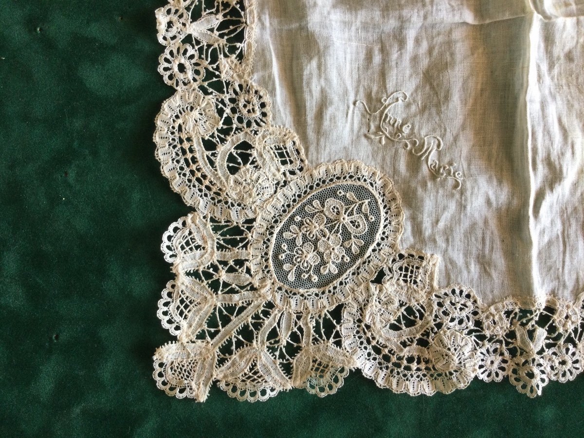 Wedding Handkerchief In Needle Lace Nineteenth Time Marked Anne Marie-photo-3