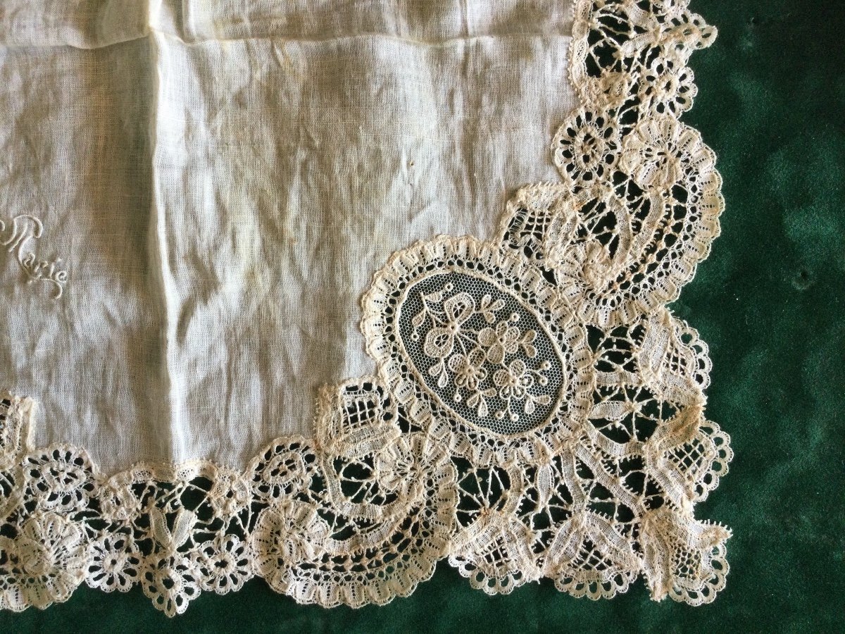 Wedding Handkerchief In Needle Lace Nineteenth Time Marked Anne Marie-photo-2
