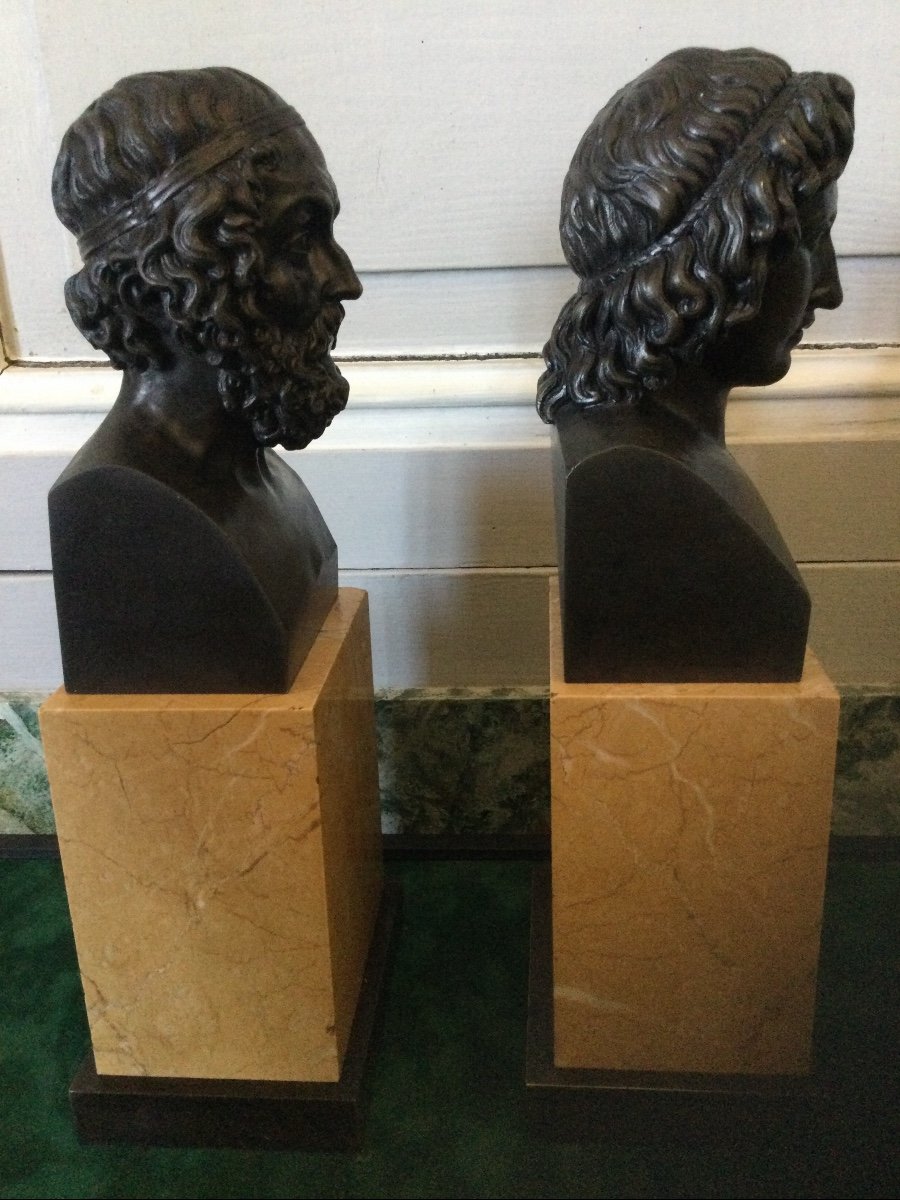 Pair Of Busts Of The Philosophers Homer And Aristotle In Patinated Bronze-photo-4