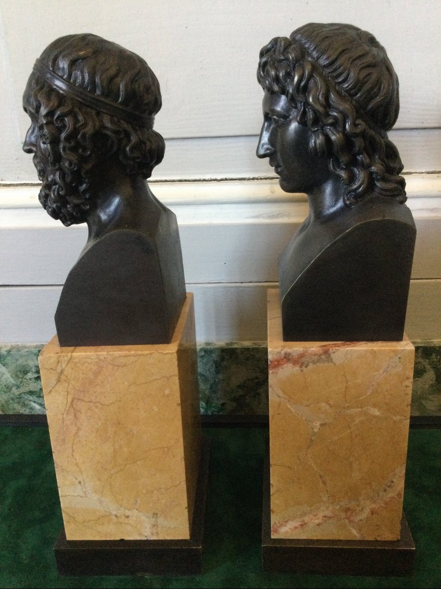 Pair Of Busts Of The Philosophers Homer And Aristotle In Patinated Bronze-photo-1