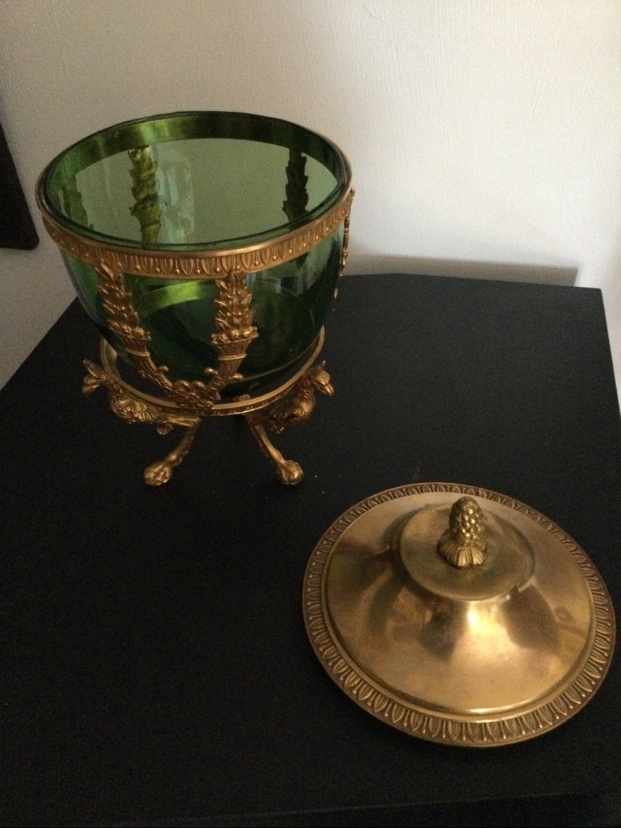 Candy Box, Sugar Bowl In Gilt Bronze And Green Glassware-photo-2