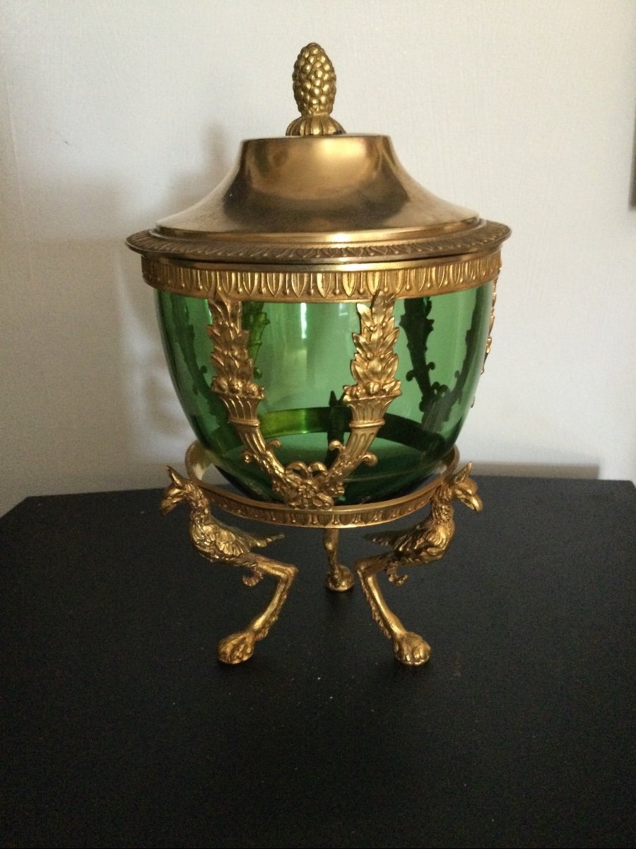 Candy Box, Sugar Bowl In Gilt Bronze And Green Glassware
