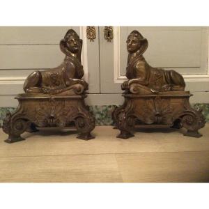 Important Pair Of Regency Andirons With Sphinxes In Golden Patinated Bronze