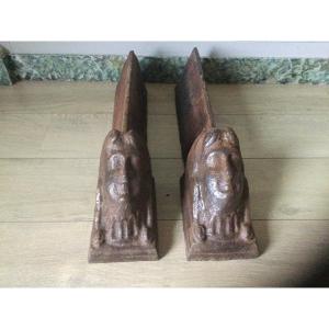 Pair Of Andirons With Sphinxes In Cast Iron Eighteenth Time