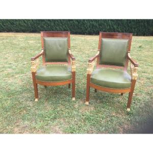 Paire De Fauteuils En Acajou Et Bois Doré Modèle De Jacob époque Empire 