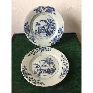 Paire D’assiettes Blanc Bleu Chine porcelaine 