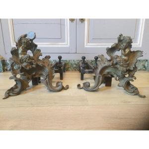 Pair Of Andirons Signed Bouhon Frères Louis XV Style To Faunes Musicians