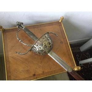Rapière, épée Garde En Bronze Argenté à Dec Ajouré Poignée Filigranée, Fourreau En Cuir