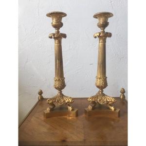 Pair Of Candlesticks In Mercury-gilt Bronze Height 31 Cm