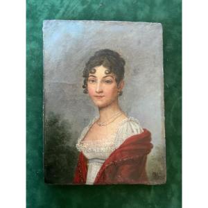 Huile sur toile portrait de femme au collier de perles datée 1815 signature à identifier 