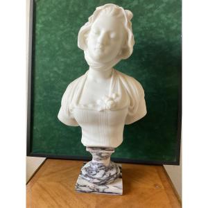 Bust Of A Young Woman In Carrara Marble, Signed By Félix Cana
