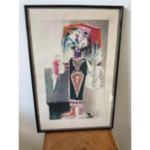 Lorjou Bernard Le musicien lithographie en couleur