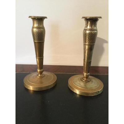 Pair Of Small Candlesticks In Bronze Restoration Period Height 18 Cm