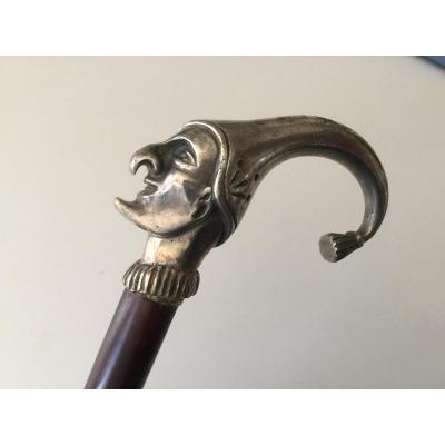 Cane Casse Tête Pommeau Head Of Jester, Crazy Of The King In Silver Bronze XIXth