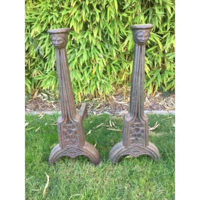 Pair Of Chenet Renaissance Style Iron Cast Iron
