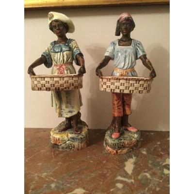 Pair Of Black Servants In Baskets Barbotine De Onnaing Height 37.5 Cm