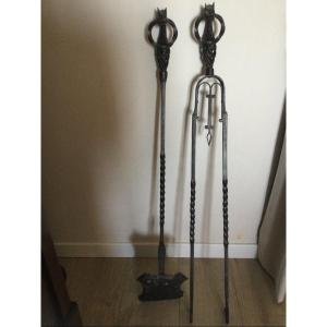 Shovel Fireplace Kit, Wrought Iron Tweezers Violet Le Duc Period