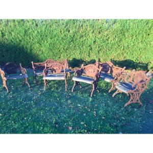 Garden Furniture, Park Including 2 Benches And 4 Armchairs Hunting Decor In Cast Iron