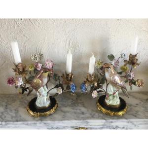 Pair Of Candelabra With Birds And Flowers In Saxony Porcelain