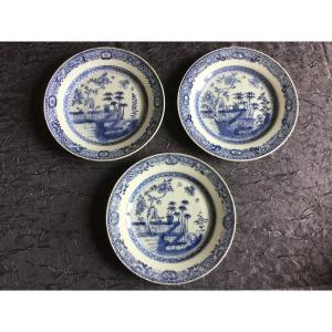 Three Blue White Chinese Porcelain Plates Decorated With Plants