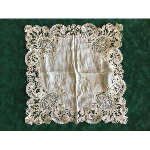 Wedding Handkerchief In Needle Lace Nineteenth Time Marked Anne Marie