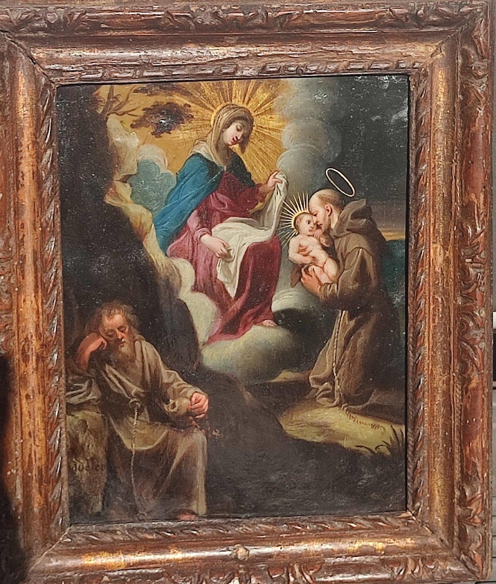 Copper Painting Depicting The Madonna And Child With Saints Anthony And Francis. Signed Sadeler-photo-1