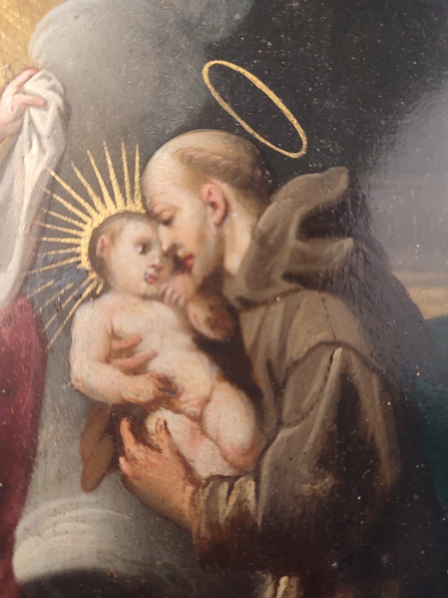 Peinture sur cuivre représentant la Vierge à l’Enfant avec les saints Antoine et François. Signè Sadeler-photo-1