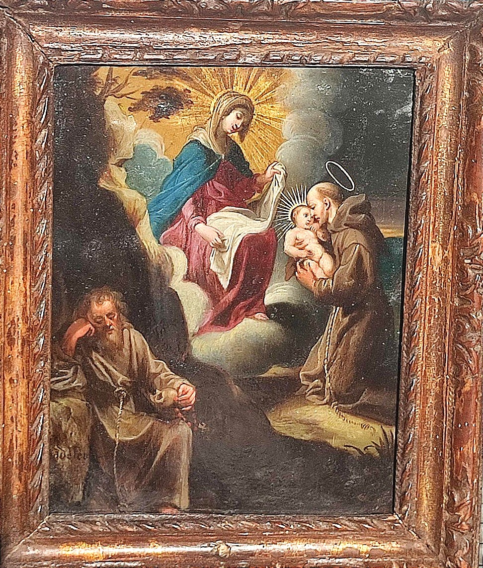 Peinture sur cuivre représentant la Vierge à l’Enfant avec les saints Antoine et François. Signè Sadeler