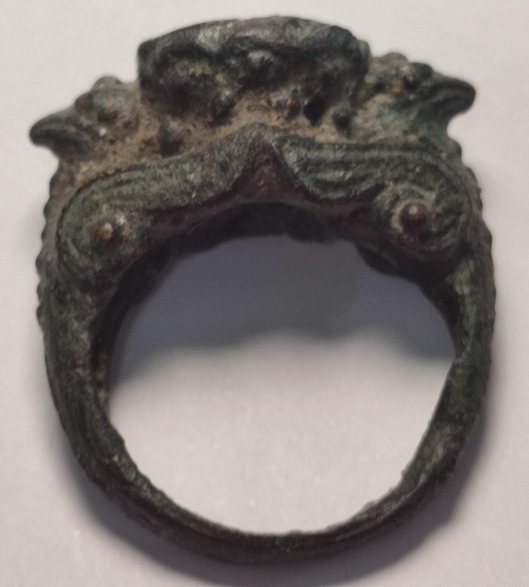 Bronze Templar Ring With Two Winged Dragons Defending The Cross.