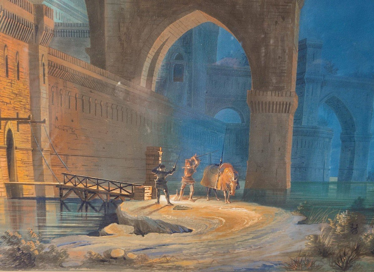  « Duel Au Clair De Lune ». Tempera Sur Carton Attribuable à Ippolito Caffi-photo-2