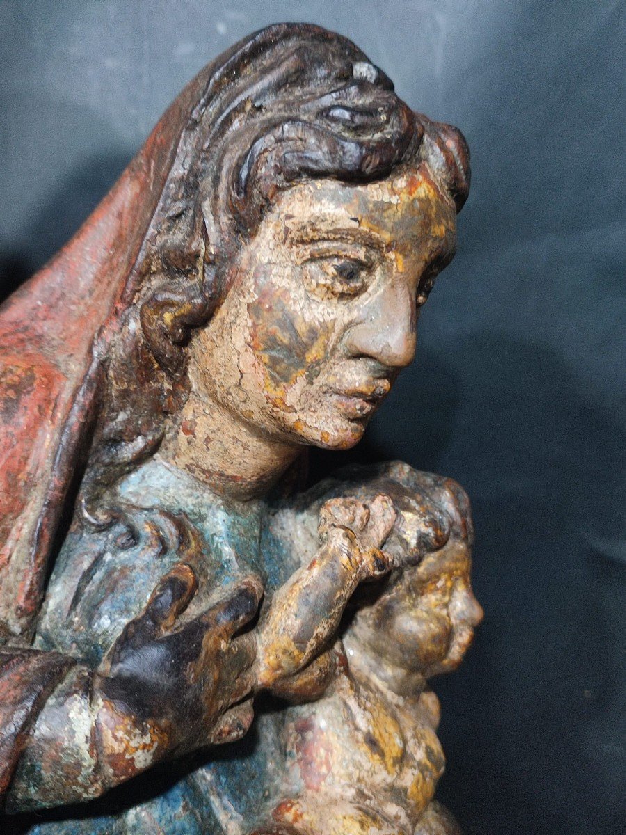 St. Anne, The Virgin And The Child. Polychrome European Mitel Wooden Sculpture Of The Fifteenth-photo-2