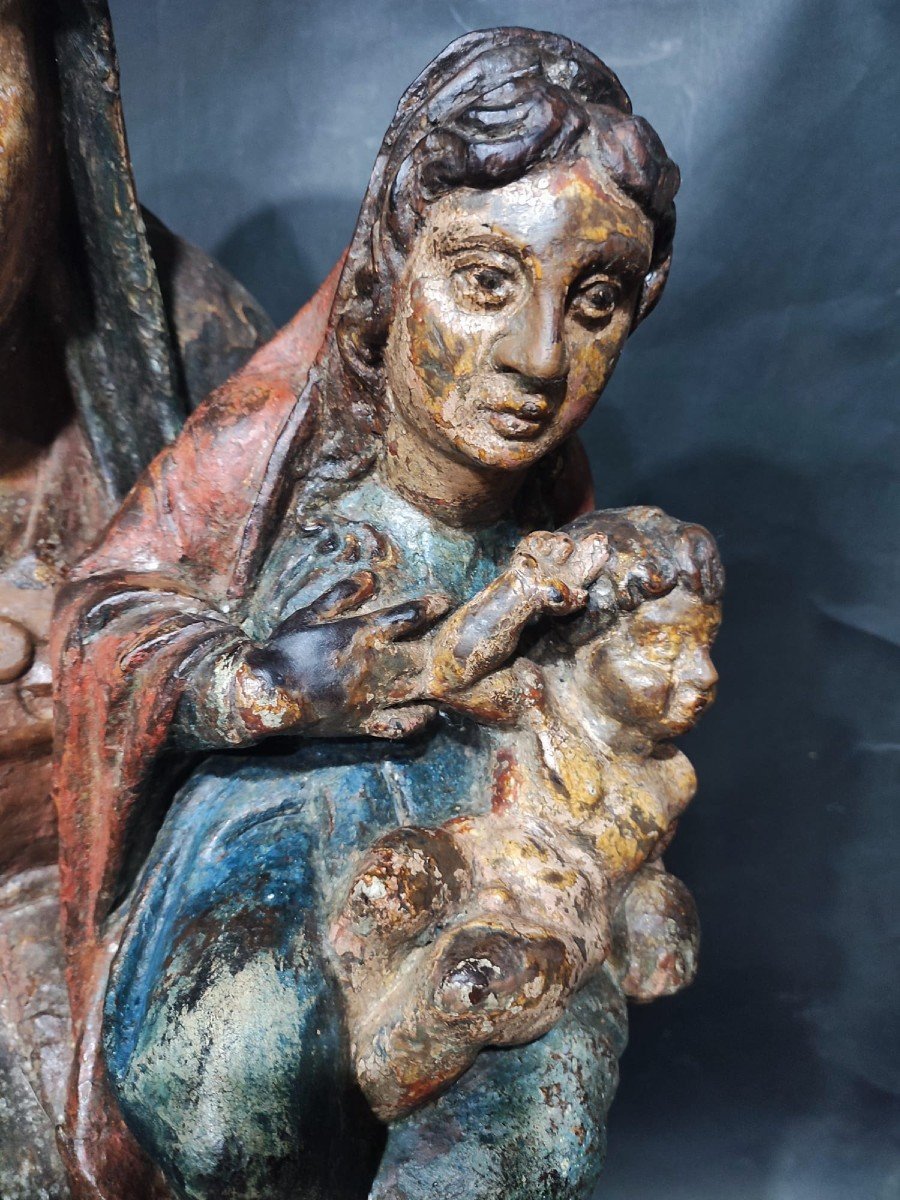 St. Anne, The Virgin And The Child. Polychrome European Mitel Wooden Sculpture Of The Fifteenth-photo-4