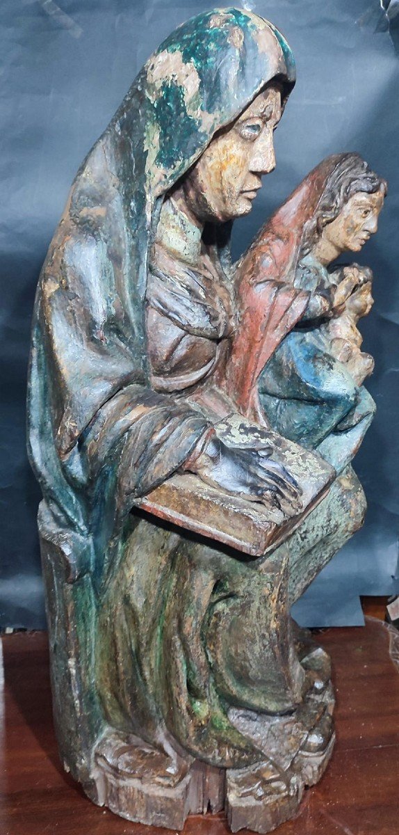 St. Anne, The Virgin And The Child. Polychrome European Mitel Wooden Sculpture Of The Fifteenth-photo-2