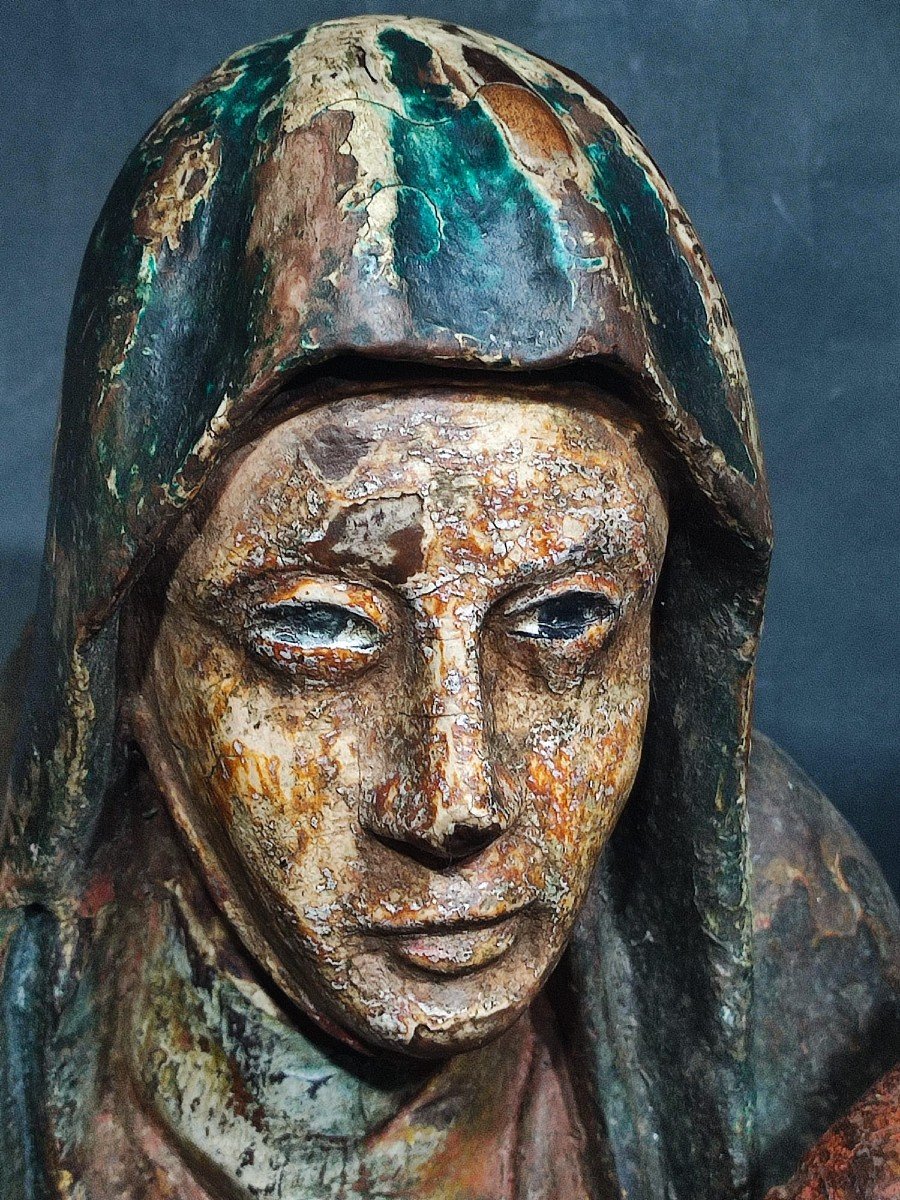 St. Anne, The Virgin And The Child. Polychrome European Mitel Wooden Sculpture Of The Fifteenth-photo-3