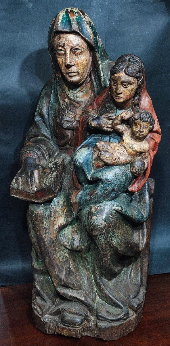 St. Anne, The Virgin And The Child. Polychrome European Mitel Wooden Sculpture Of The Fifteenth