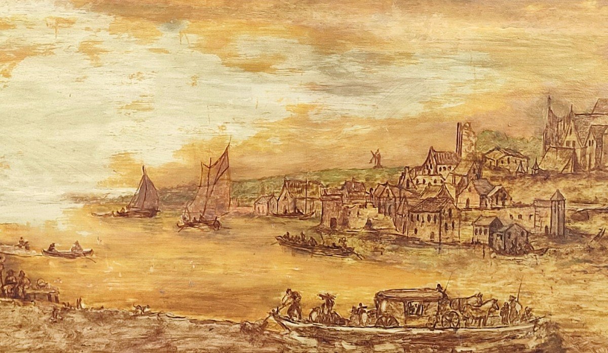 Jan van Goyen (cercle) Port  au coucher du soleil' huile sur panneau parqueté cm.67x 100-photo-2
